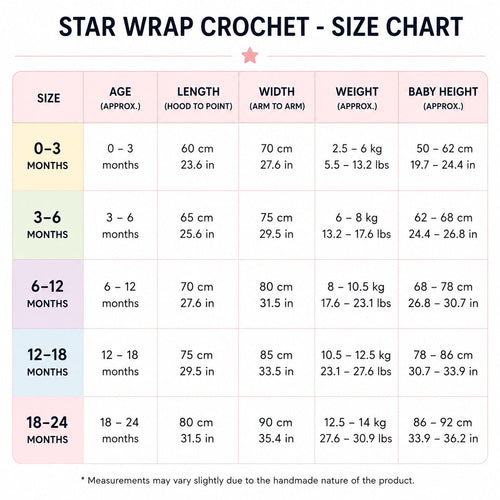 Star Wrap Crochet size chart